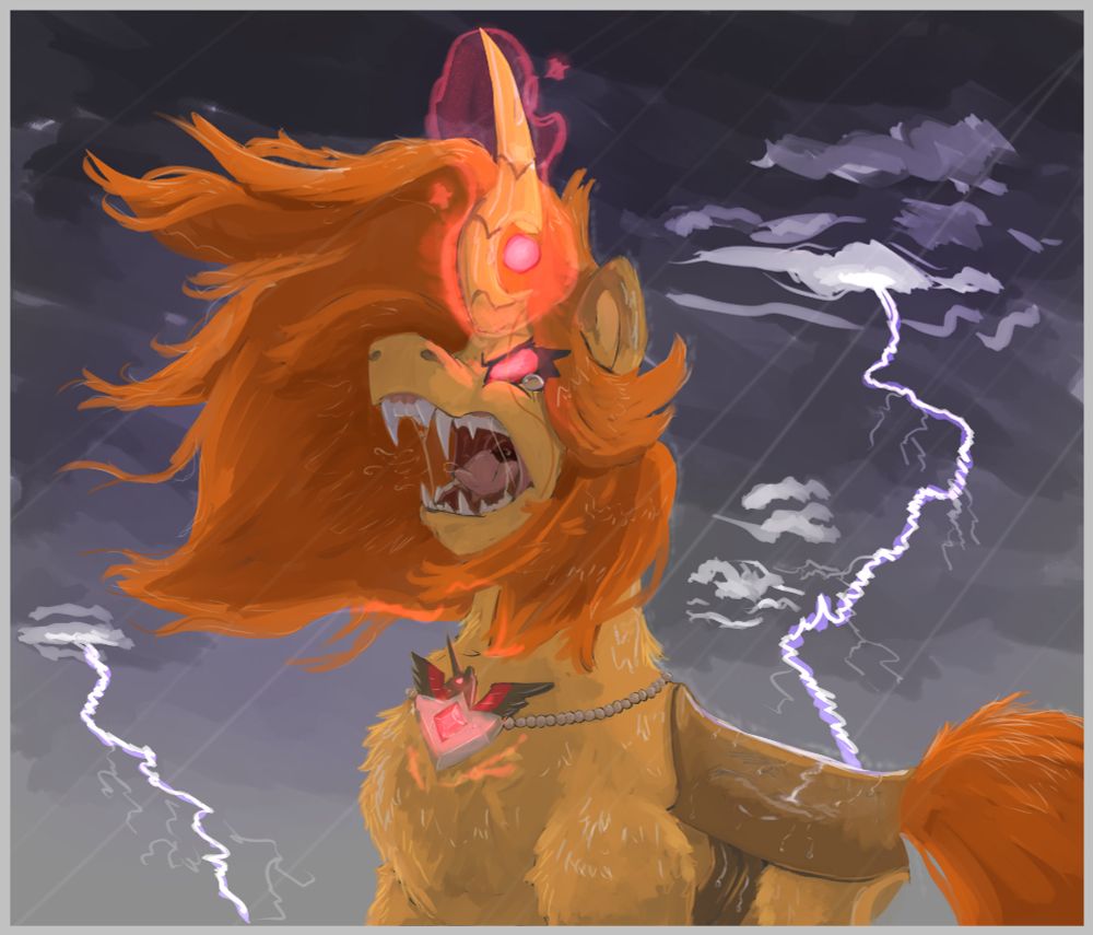 Derri the half-changeling standing in a storm, her fangs bared and screaming. She is wearing the Alicorn Amulet which has caused her eyes and horn to glow red. Lightning crashes in the background.