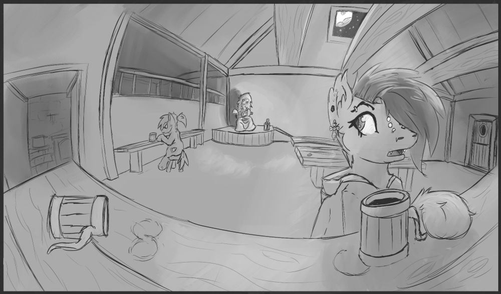 Fisheye lens sketch of a tavern/alehouse. The tavern is mostly empty but for three visible ponies. A bat-pony with various piercings and a cloak is in the foreground at the bar. She notices a long-maned pony in the background of the room playing a hurdy gurdy and she has a facial expression of both shock and interest at the figure.