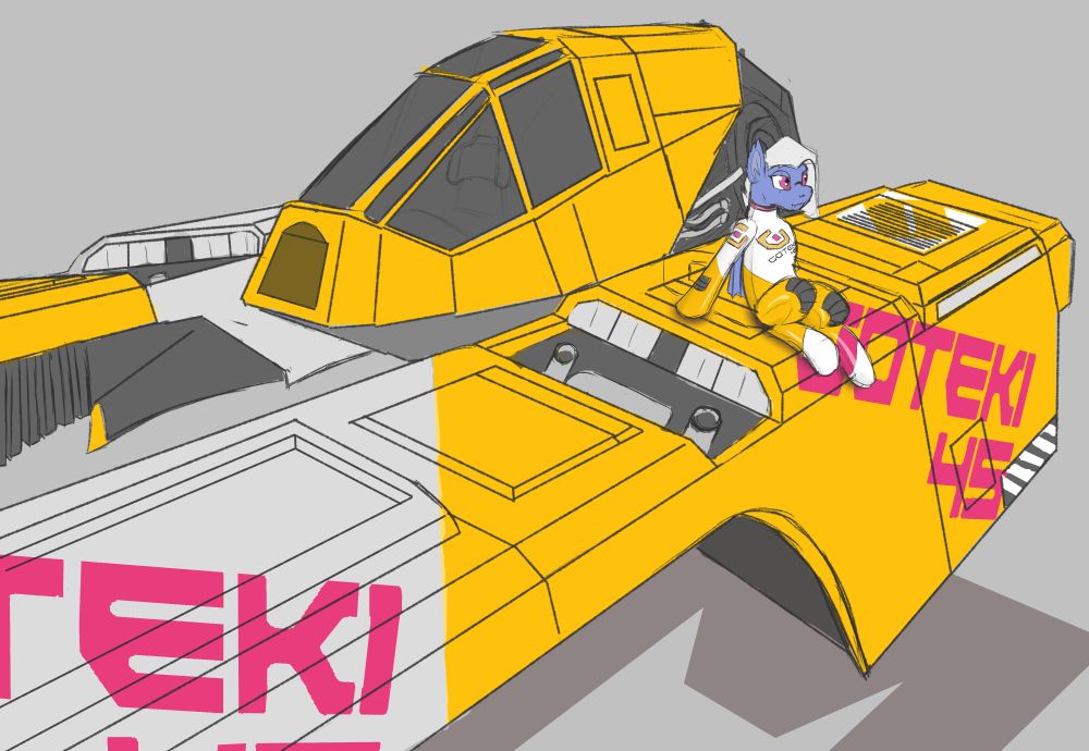 Sketch of a Batpony sitting on a Goteki 45 racing ship from the Wipeout series.