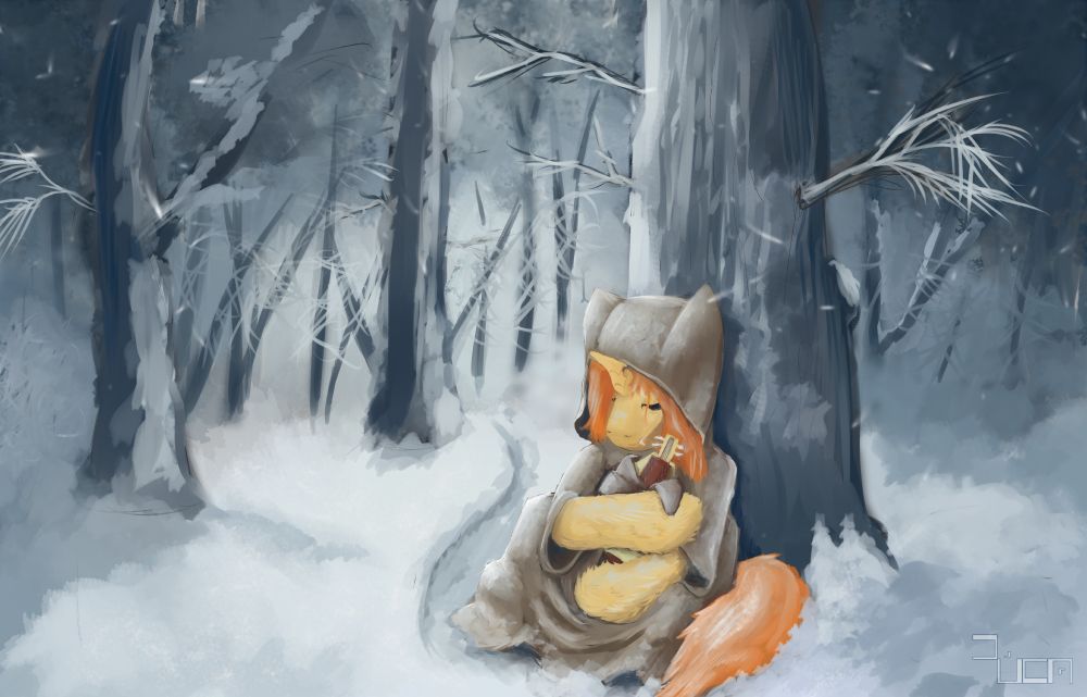 Daire/Derri the changling halfling wearing a cloak and sitting under a tree in a snowy forest. She is clutching a hurdy gurdy that is partially wrapped in cloth as she rests.