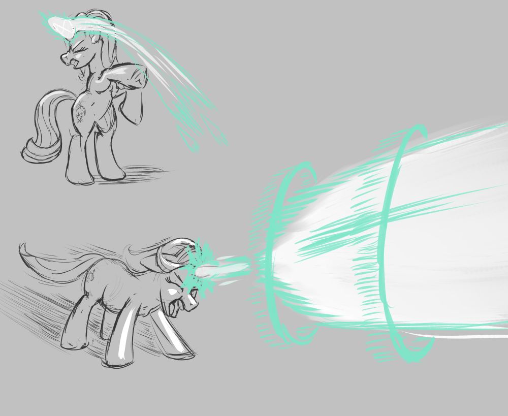 Sketch of two poses of Starlight Glimmer; The first has her rearing up while charging her magic, and the second has her unleashing that magic in a powerful blast.