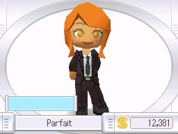 Screenshot taken directly from MySims Agents DS. A Sim is standing in the menu's top screen. The Sim has the Party style hairstyle in orange, with a side part/bang. The Sim has hazel or tangerine eyes, a light tan, and is wearing the Agents black suit. The Sim poses sheepishly, arms linked behind one side, and is blushing. At the bottom of the screen are some UI elements like a panel with the Sim's name, Parfait, and a Simoleon counter to the right of that, displaying 12,381 Simoleons.