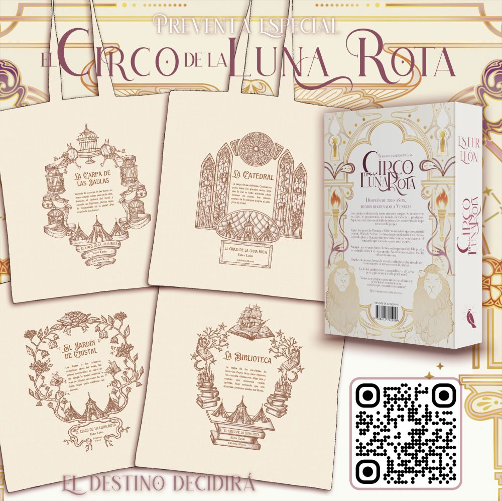 Cartel de preventa especial. En él se pueden ver cuatro totebags, cada una mostrando una carpa del Luna Rota diferente. Están la Carpa de las Jaulas, la catedral, la biblioteca y el jardín de Cristal.
