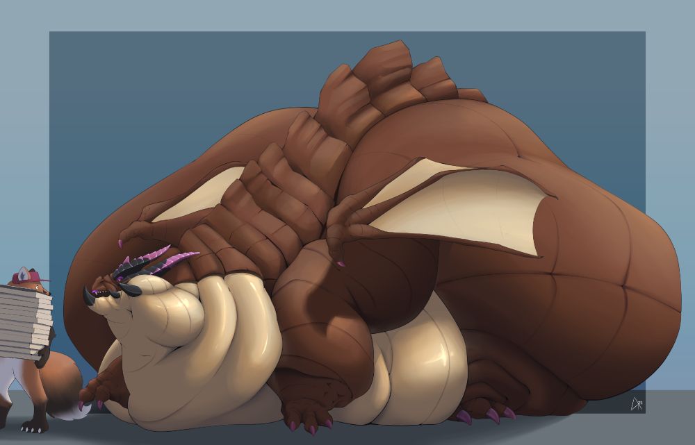 An immensely fat dragon stands there eyeing up a fox delivering a tall stack of pizzas. The fox looks in shock and awe as the behemoth before them.

The dragon's haunches are twice as high as they are at the shoulders, their thighs swallowing up their talons. The rest of the beast is swaddled in blubber. Still, despite the monstrous appearance, they took great care with make-up such as eyeshadow and paint on their horns and claws.