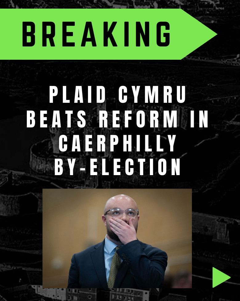 Image with caption above and image of Llŷr Powell looking shocked below.

Caption reads;
Breaking: Plaid Cymru beats Reform in Caerphilly by-election

Credit @willhaycardiff.bsky.social