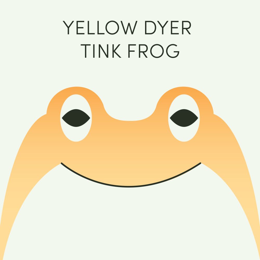 Episode art for Frog of the Week's Yellow Dyer Tink Frog. The frog is small and bright yellow with a pale belly.