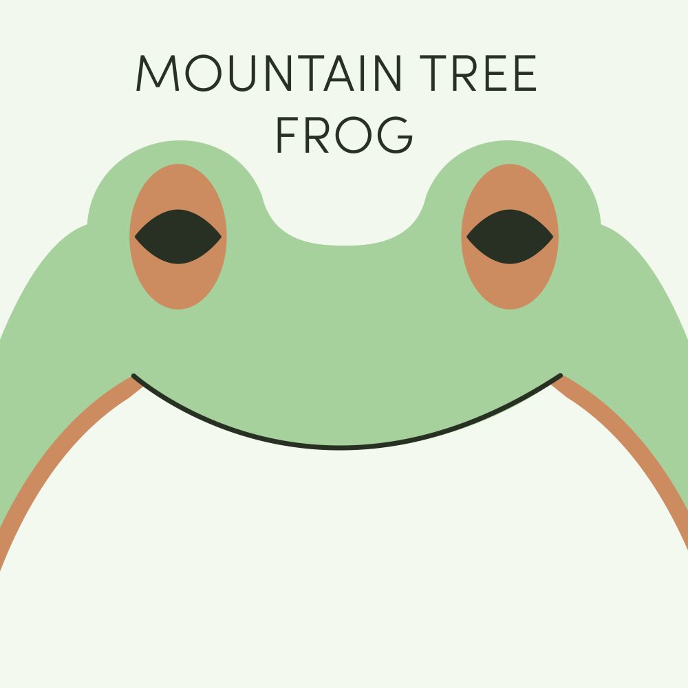 Episode art for Frog of the Week's "Mountain Tree Frog". The frog is green with a pale underbelly and dark stripes down either side.