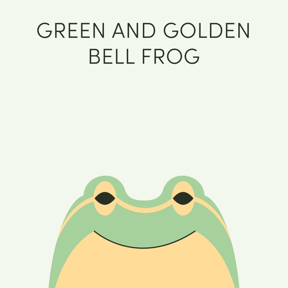 Episode art for Frog of the Week's "Green and Golden Bell Frog". The frog is very small and green with golden markings and eyes.