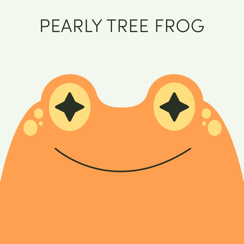 Episode art for Frog of the Week's "Pearly Tree Frog". The frog is little and orange, with round yellow eyes with star pupils, and little small warts like pearls.