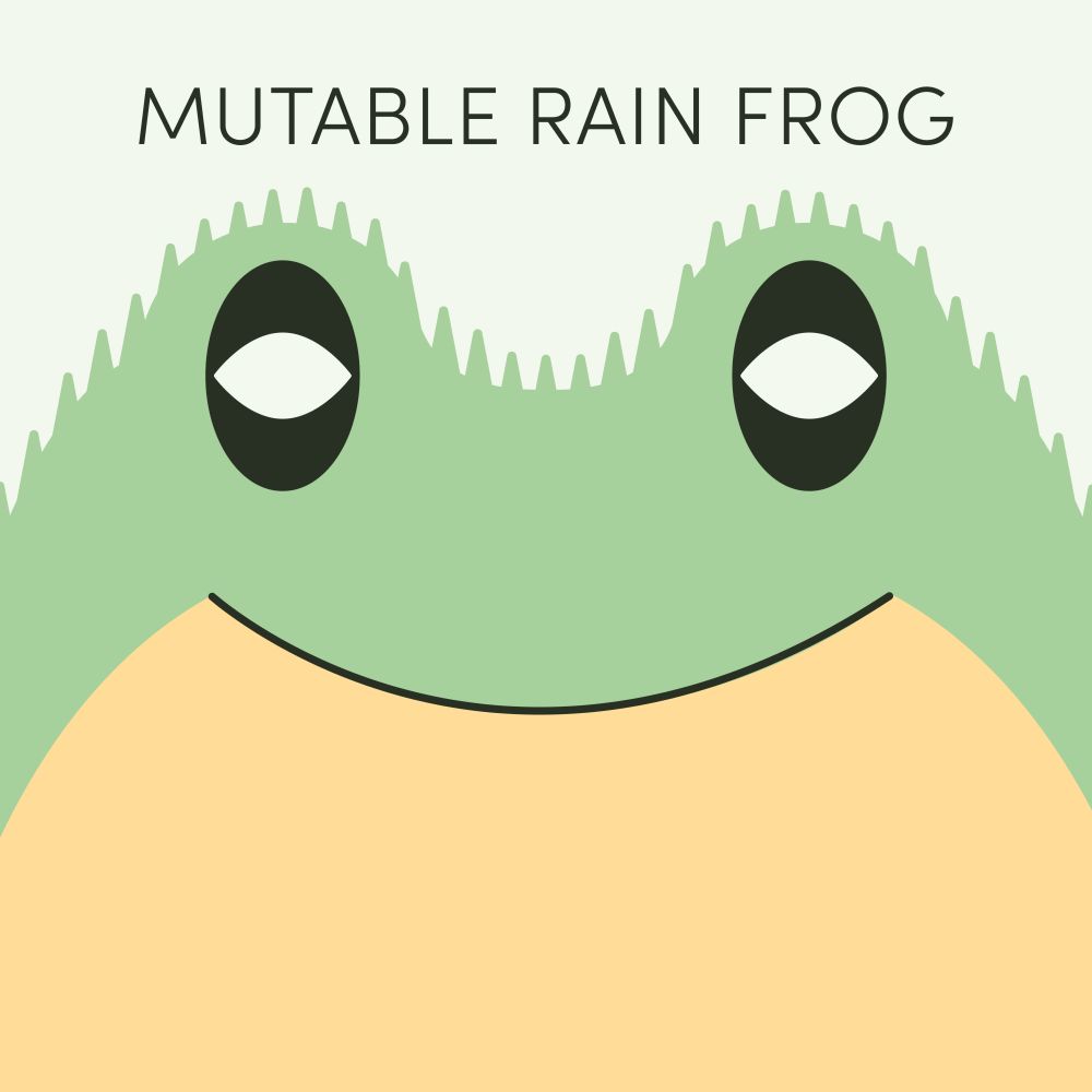 Episode art for Frog of the Week's "Mutable Rain Frog". The frog is green and yellow with dark eyes and spiny little spikes all over its body.