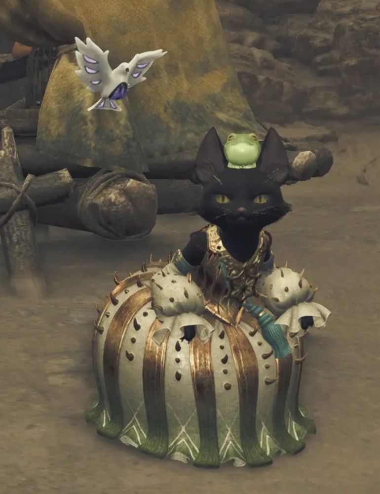 a palico, a cat creature from monster hunter, in a bustle dress with a frog on her head