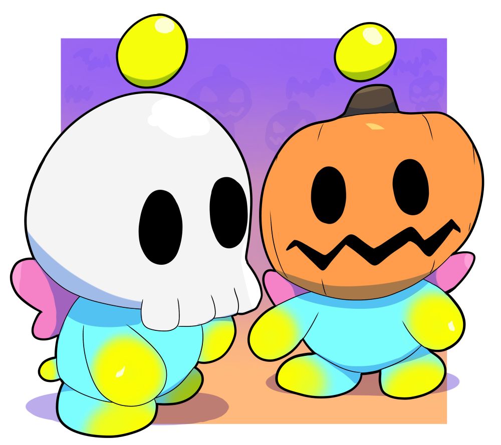 Fanart of chao from the sonic games. One has a skull hat and the other has a pumpkin hat. 