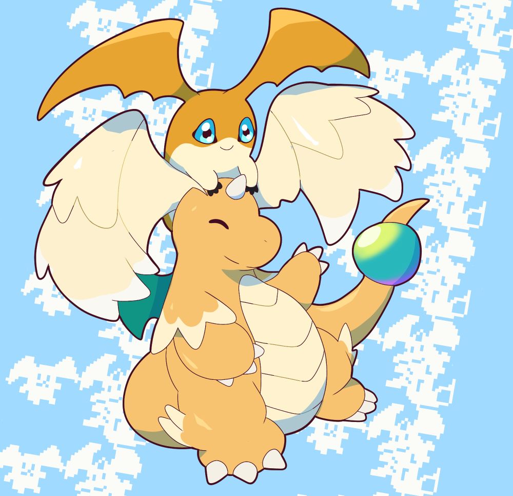 fanart of patamon from digimon sitting on top of mega dragonite from pokemon
