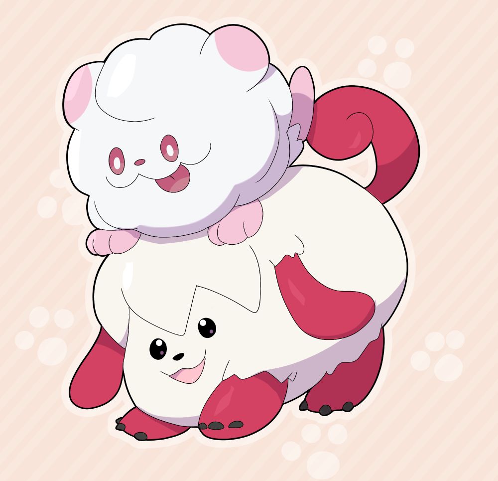 fanart of swirlix from pokemon sitting on top of xiaomon from digimon