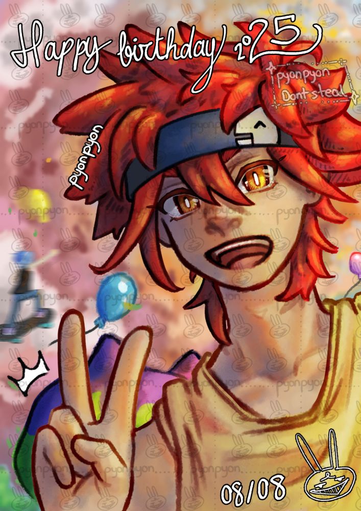 Reki Khan smiling and giving a peace sign while in the background Langa is jumping to grab the flying balloons and Miya is shocked 