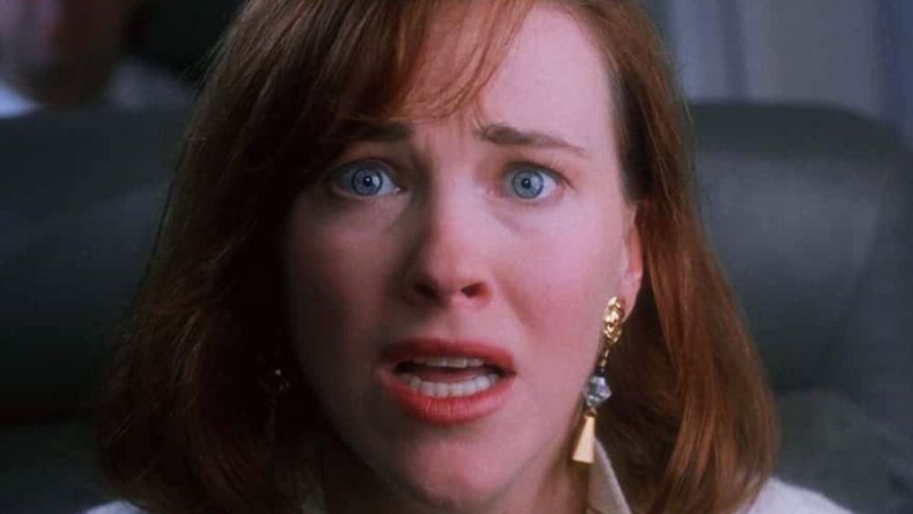 Actress Catherine O’Hara from Home Alone when she realizes she left her son Kevin home alone.
