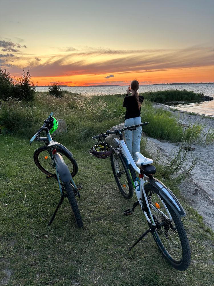 Orangefarbener Sonnenuntergang am Meer (Dänemark). Zwei Fahrräder auf dem Weg aus Gras. Ein Mädchen- Rückenansicht- fotografiert. Sandstrand, davor Gras und Schilf. 