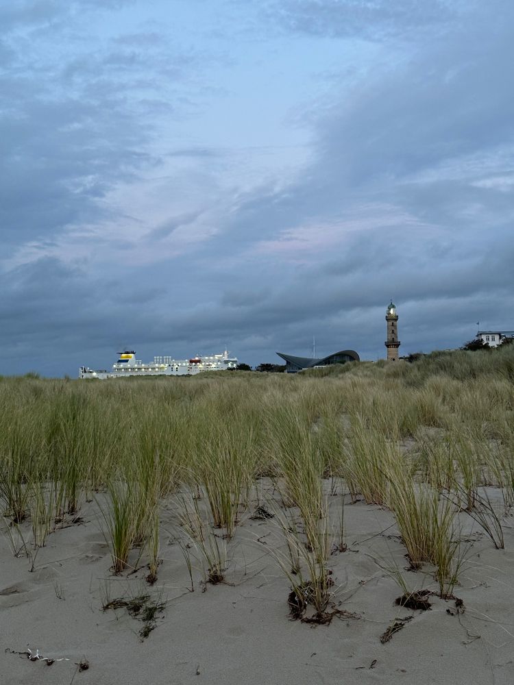 Warnemünder Dünen, im Hintergrund Teepott, Leuchtturm, eine Fähre 