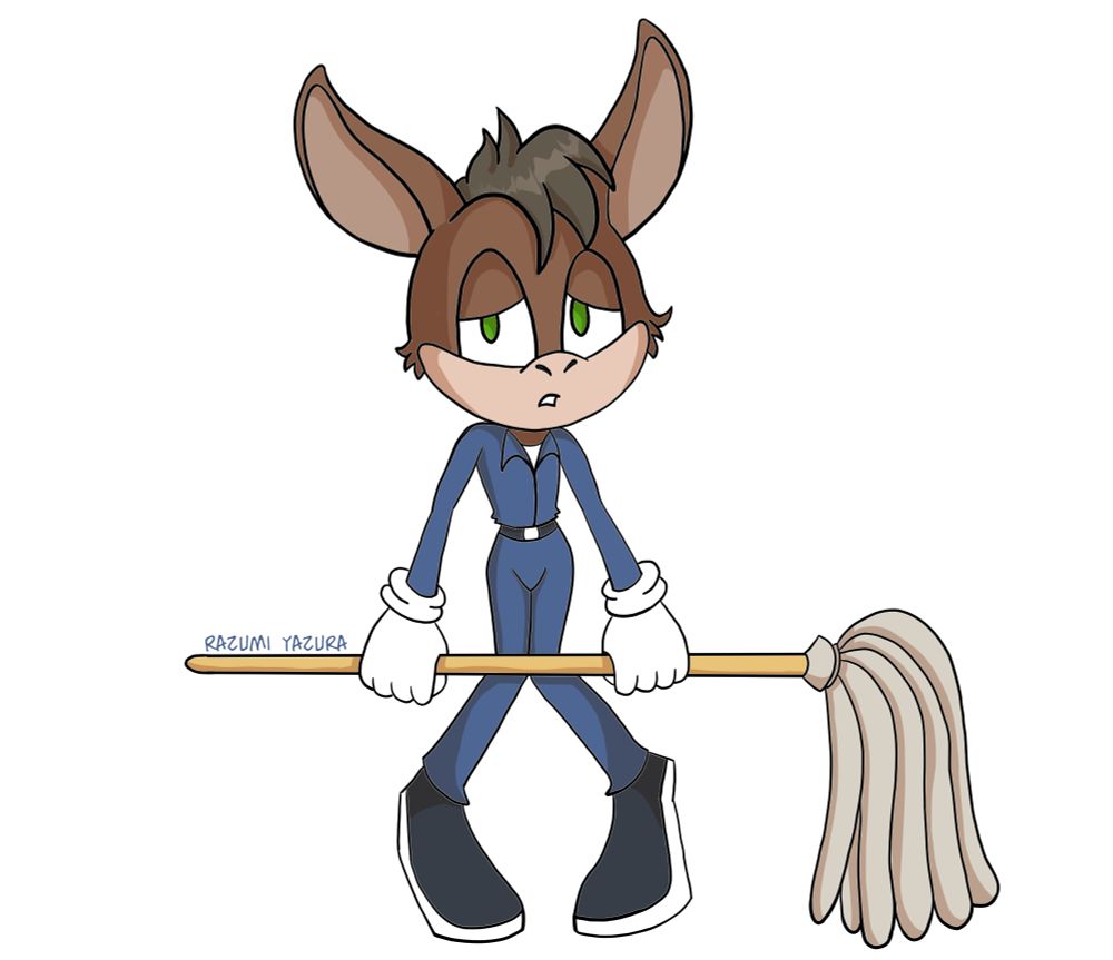 Drawing of an anthro donkey in the style of Sonic the Hedgehog. He's holding a broom and wearing a janitor outfit.