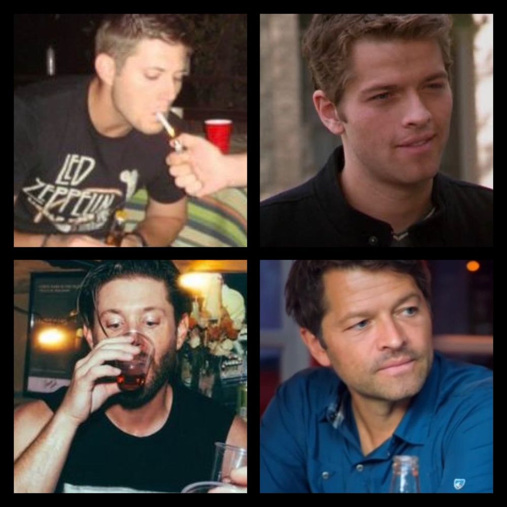 Top: Jensen Ackles in Led Zeppelin shirt smoking cigarette; Misha Collins smiling 

Bottom: Jensen Ackles drinking in sleeveless black shirt; Misha Collins in bar with blue shirt on 
