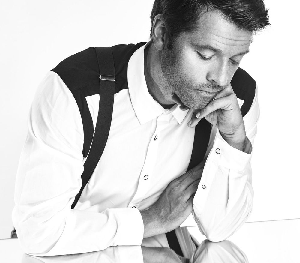 Misha Collins in black and white 