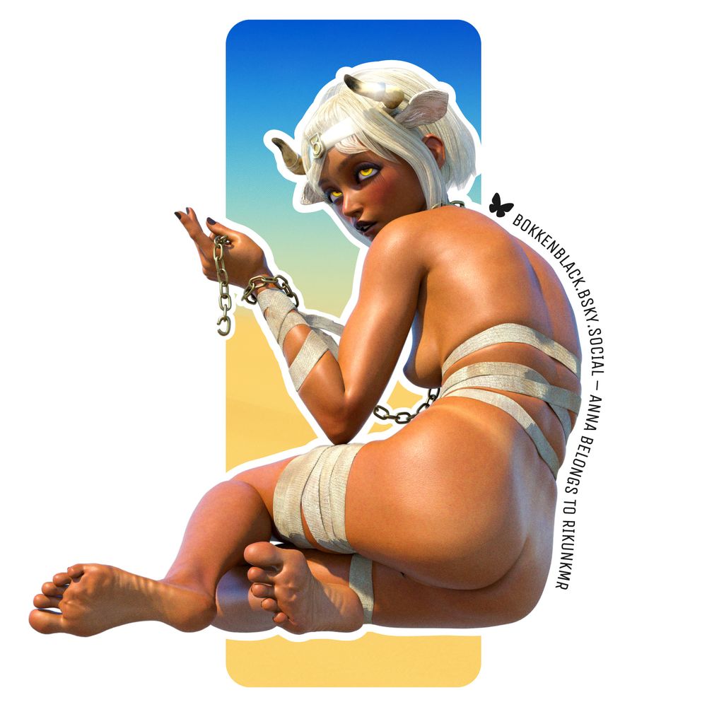 3d illustration of a darker-skinned girl sparsely wrapped in strips of cloth sitting and holding a broken chain. She has bovine ears and horns on her head.