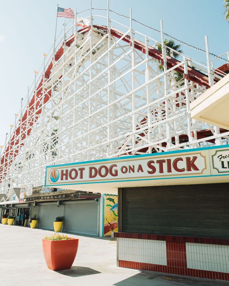 Hot Dog on a Stick sign, on the boardwalk in Santa Cruz, California