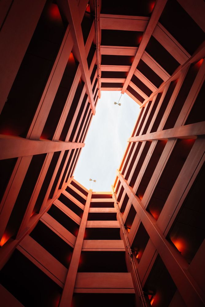 Looking up in a modern parking structure, in downtown Los Angeles, California