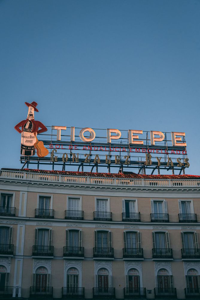 Evening light on Tio Pepe sign, in Madrid, Spain, Community of Madrid