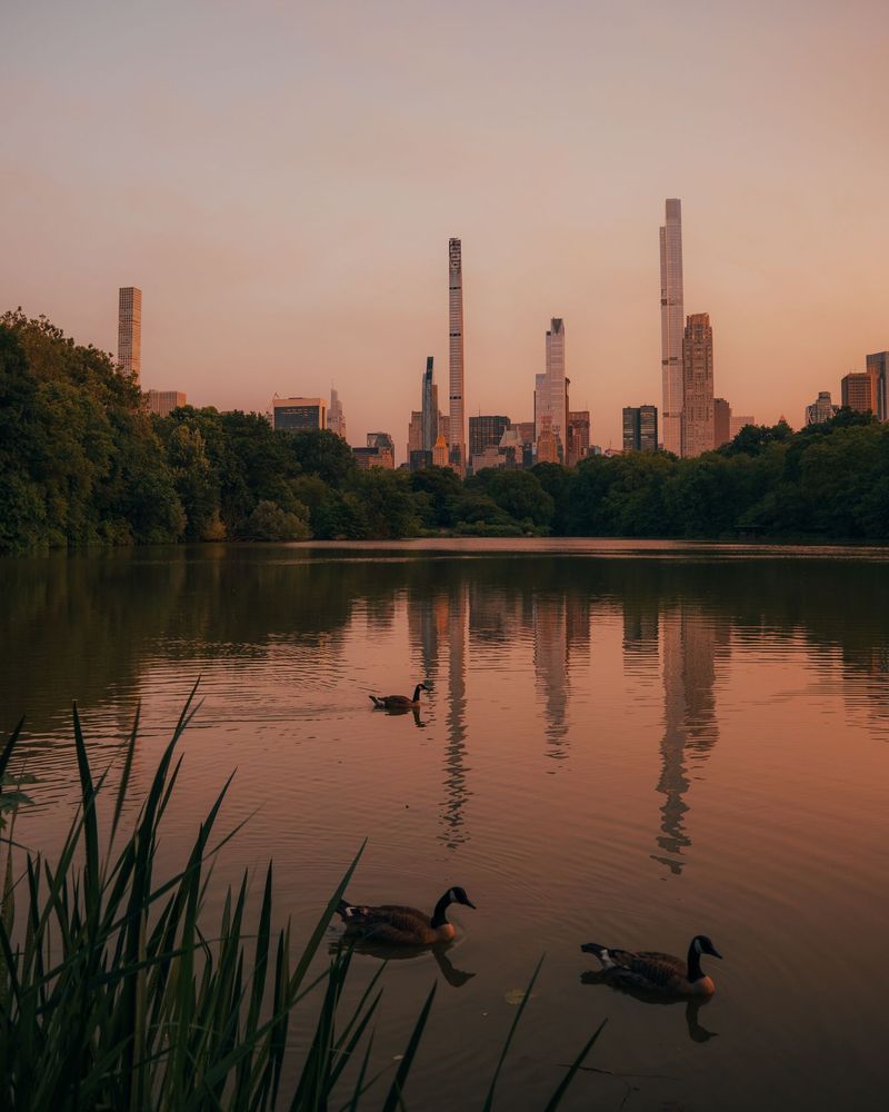View of the skyline of Midtown Manhattan and The Lake at Central Park, Manhattan, New York