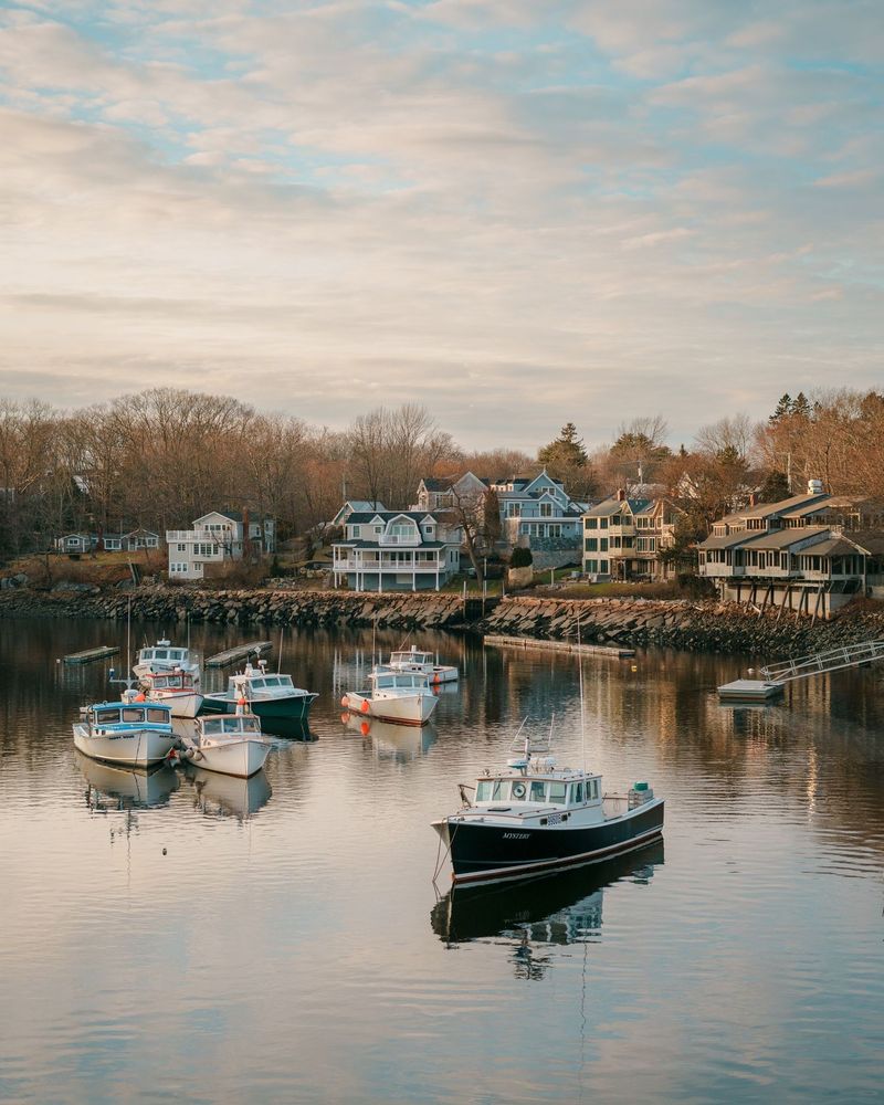 Boats docked in The Basin on a winter evening in Ogunquit, Maine