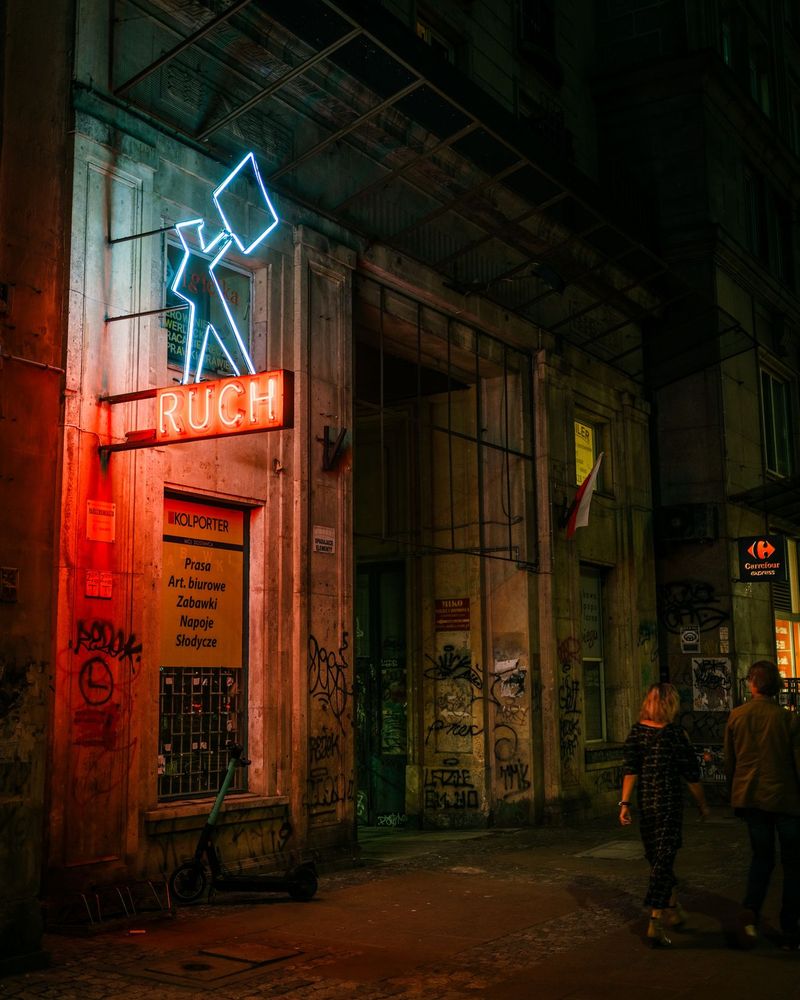 Ruch neon sign at night, at Teatr Polonia, in Warsaw, Poland