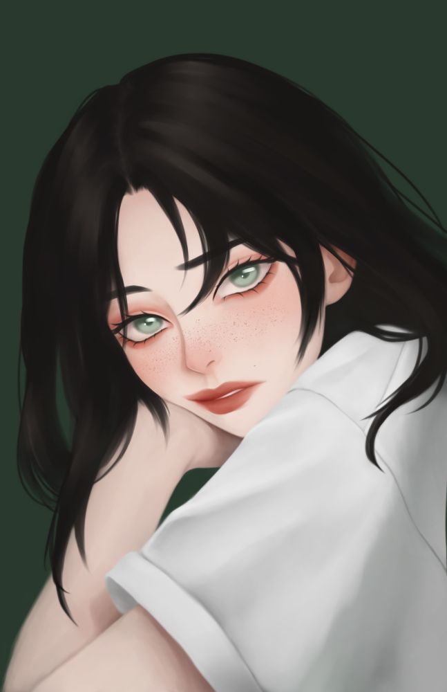 drawing of a girl with dark hair and green background