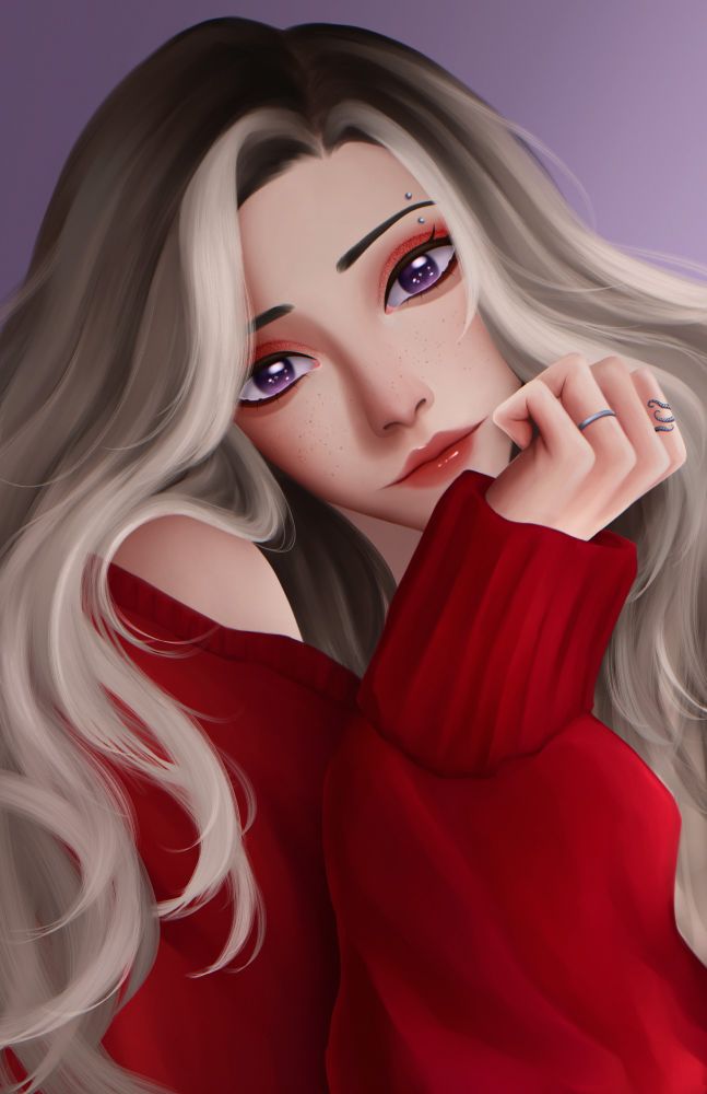 drawing of girl with brunette and blonde hair and a red sweatshirt and purple eyes