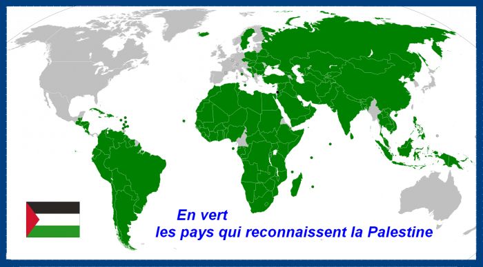 Carte du monde où sont indiqués en vert les 157 pays qui reconnaissent la Palestine comme état souverain et en gris les quelques pays qui ne le reconnaissent pas.
Pour rappel l’ONU compte 193 états membres.

Pour plus de détails : https://fr.m.wikipedia.org/wiki/Liste_des_pays_reconnaissant_l%27État_de_Palestine