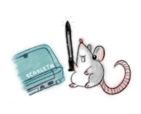 a light-gray mouse sits next to a cyan 3DS. it triumphantly wields the stylus from that 3DS, as a sword!! it is pleased. drawn by me, Scarlet★!!