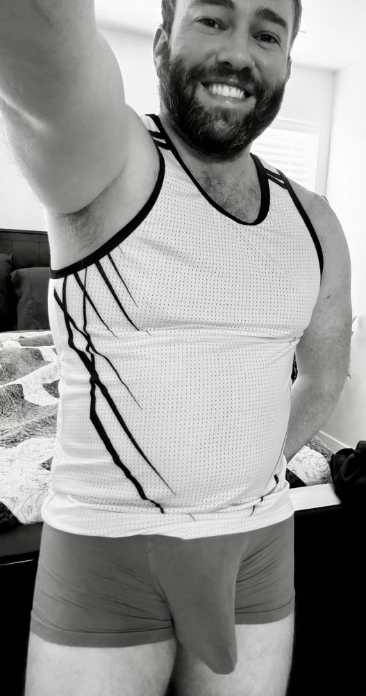NSFW - my underwear bulge and a smile in black and white