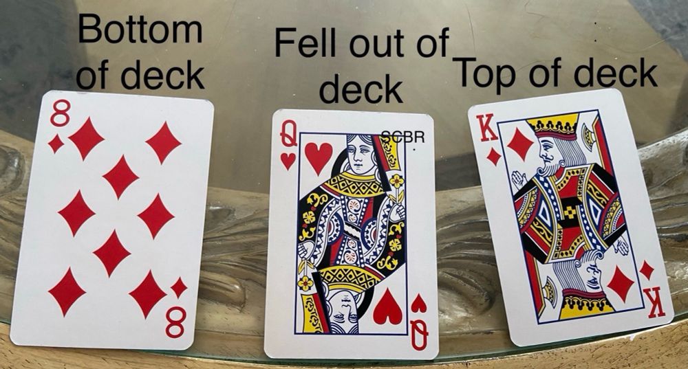 3 playing cards spread out on a glass table
1st card red 8 of diamonds “bottom of deck” written on top
2nd card red queen of hearts “fell out of deck” written on top
3rd card red king of diamonds “top of deck” written on top