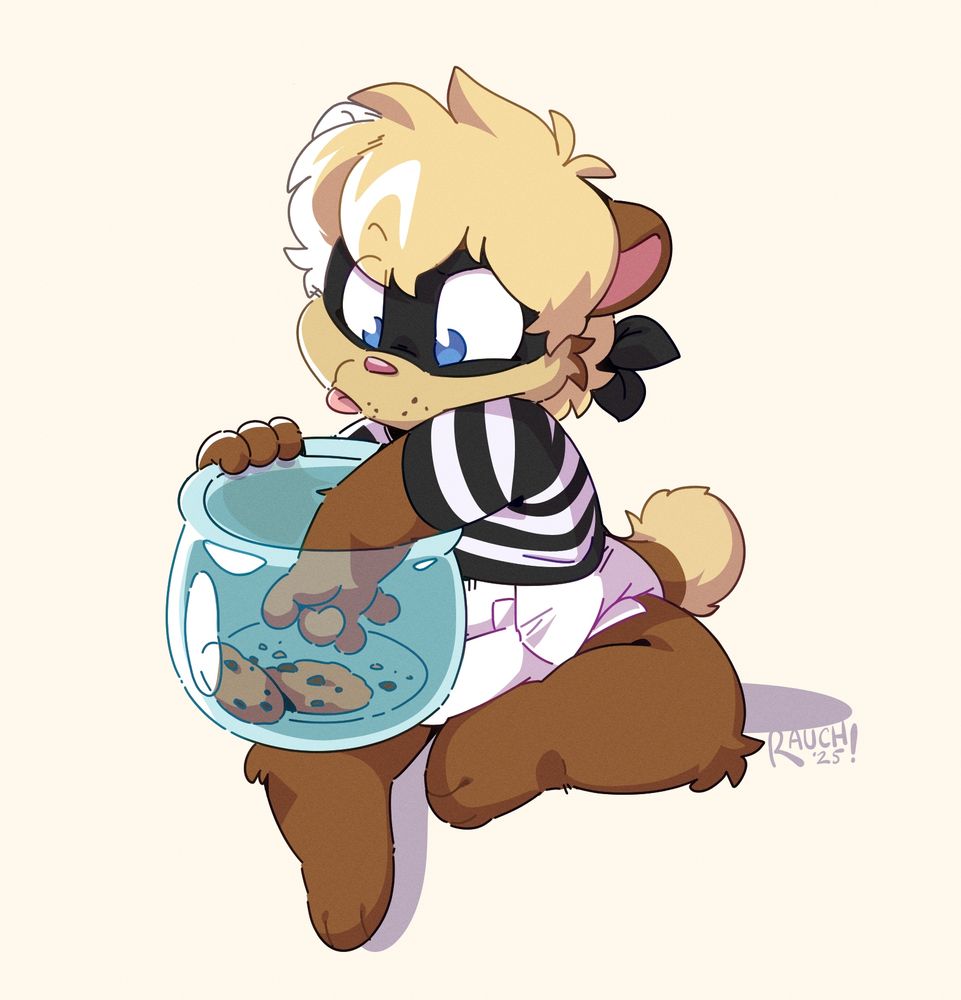 Small, padded ferret sona in a burglar shirt and mask, crumbs on their face, holding a cookie jar on their lap and reach into it