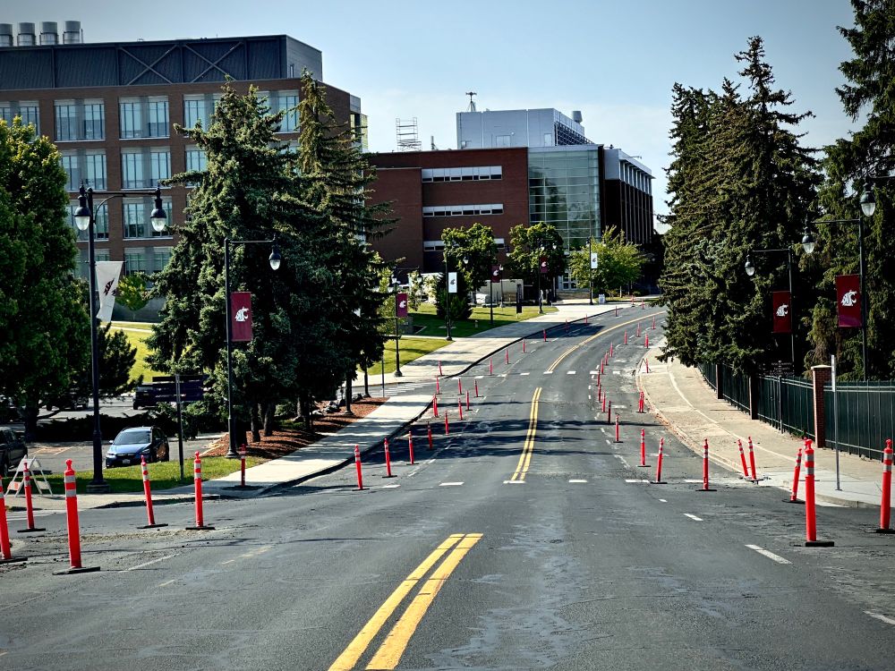 Color outdoor photo of four lane Stadium Way with orange traffic cones with various buildings in the background