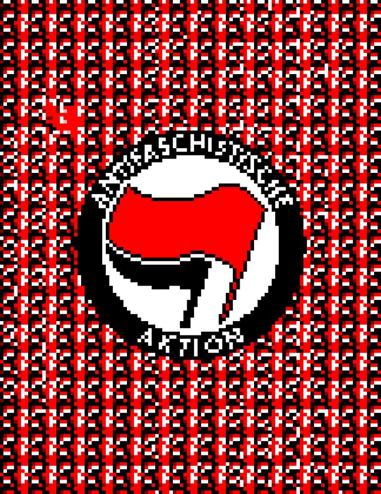 Pixel "Antifaschistische Aktion" symbol atop a field of abstract geometric art constructed from a ROM corruption.