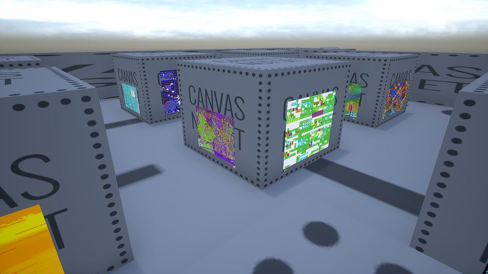 Tower Unite screenshot. Several abstract art pieces displayed on evenly-spaced cube walls.