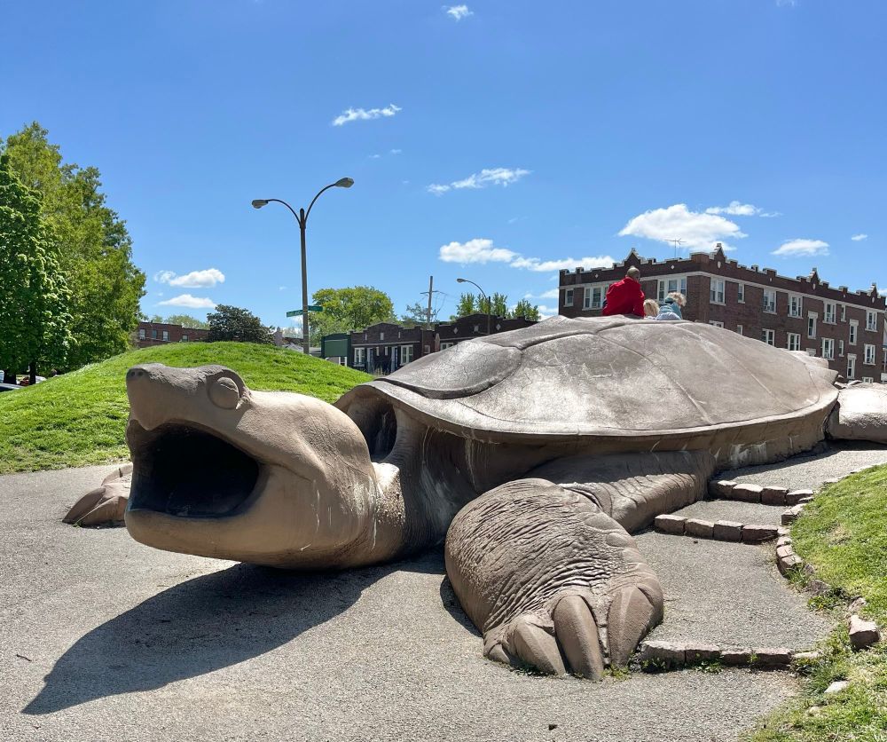 Snapping turtle sculpture/play structure. I think this one is just for climbing on and maybe hiding out in its cavernous mouth.  