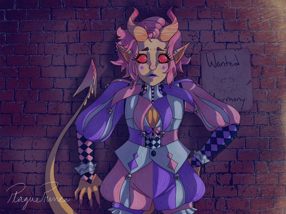 A drawing of a yellow/ orange tiefling against a brick wall at night. He has pink hair and red eyes and is dressed in a purple, pink, and light blue jester like outfit. He looks frightened like he was just caught off guard. There is a wanted poster for him behind his left shoulder. He is slight lit by the light coming from off to the right.