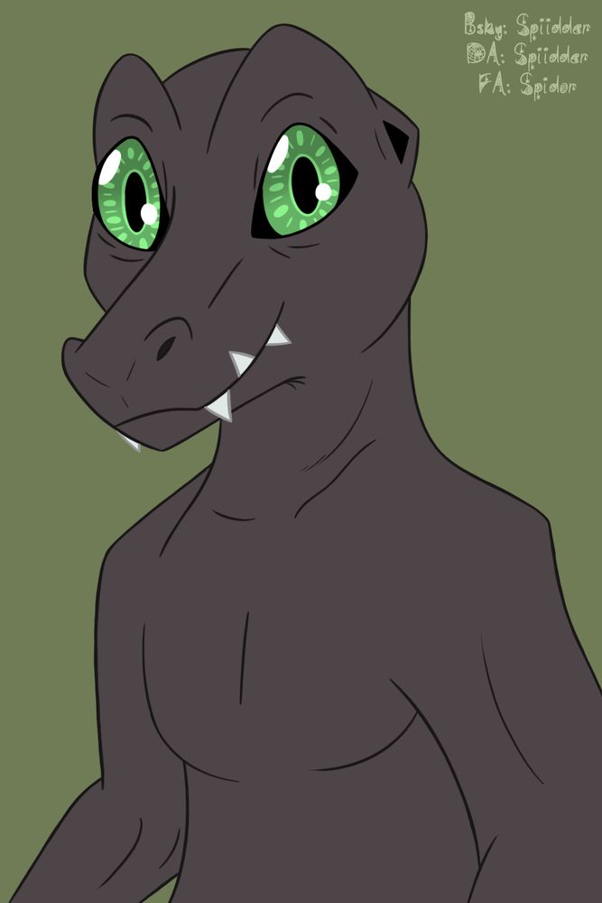 Halfbody of an Agumon character. It has green eyes and a black body; the background is green.