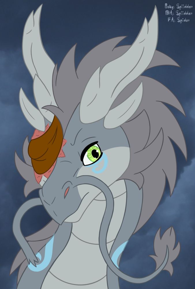 Headshot of a wind dragon. Its body is various shades of grey. Its left eye is scarred and covered by a cloth. The background is stormy and cloudy.