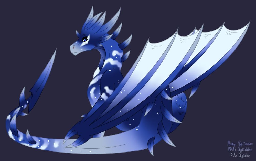 Art of an ice dragon. Its body is a mixture of various blues/ whites, with snowy markings on its body and white speckles over its body and wing membranes.