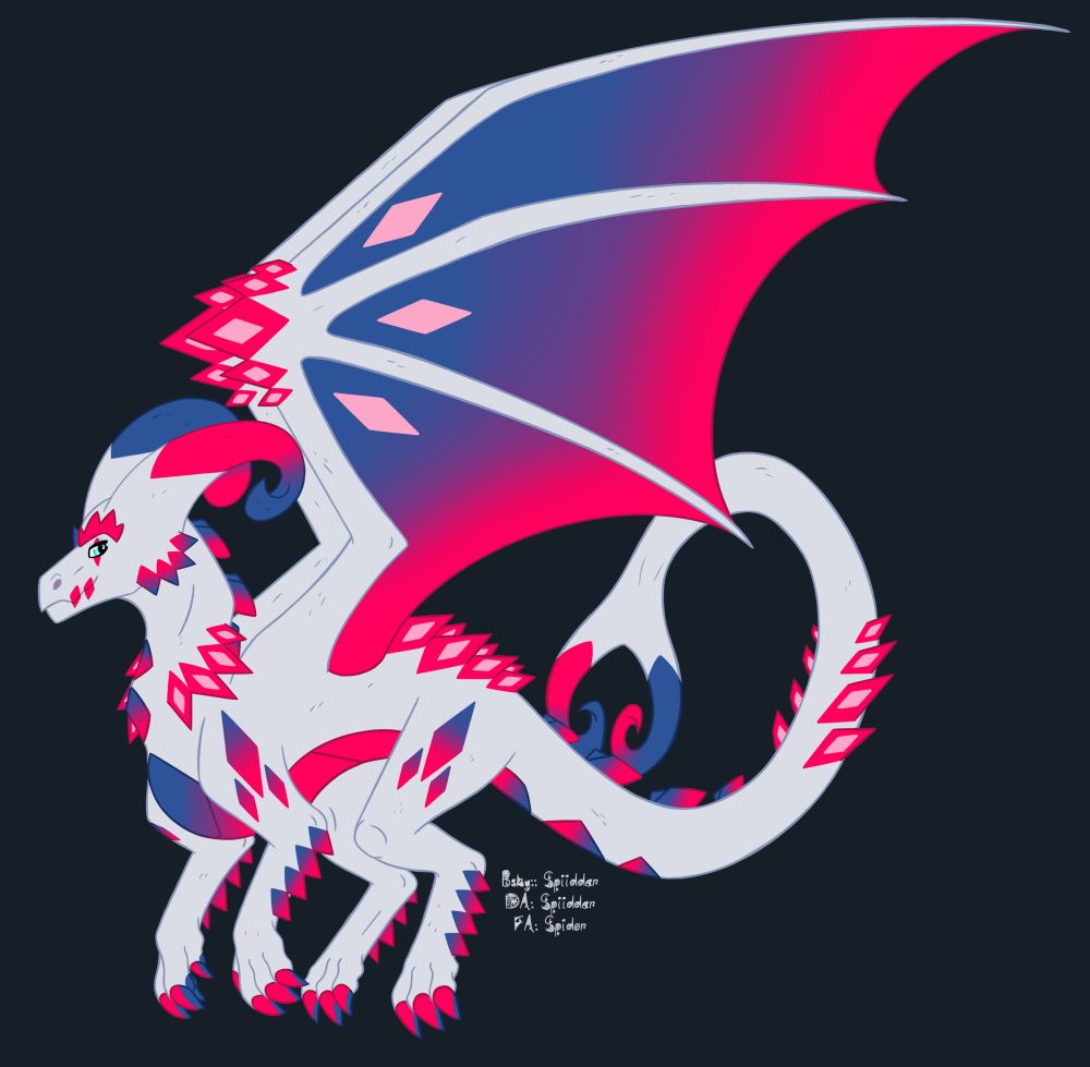 A jester-themed ice dragon. Its body is an off white, with pink and blue accents.