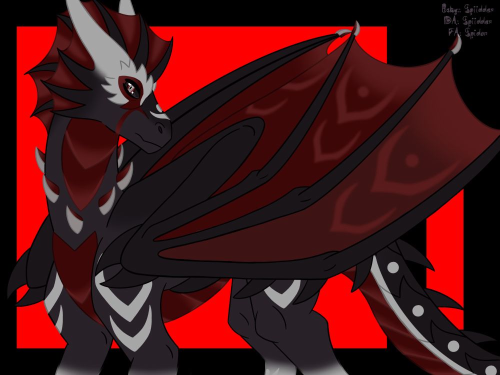 Artwork of a dragon character. The dragon is shades of black, blood red, and gray.