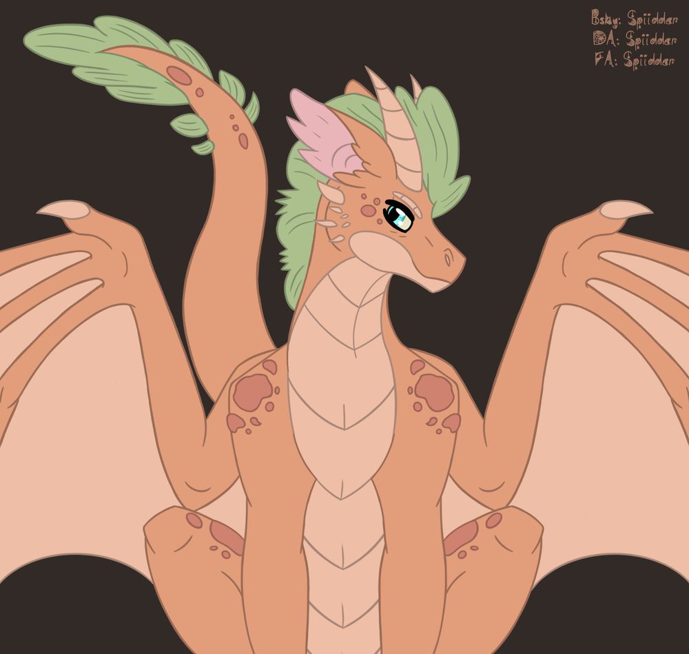 Art of an orange dragon. It has darker orange scales on its shoulders and thighs. Its underbelly, horns, and claws are lighter orange. The frills on its head and tip of its tail are green.